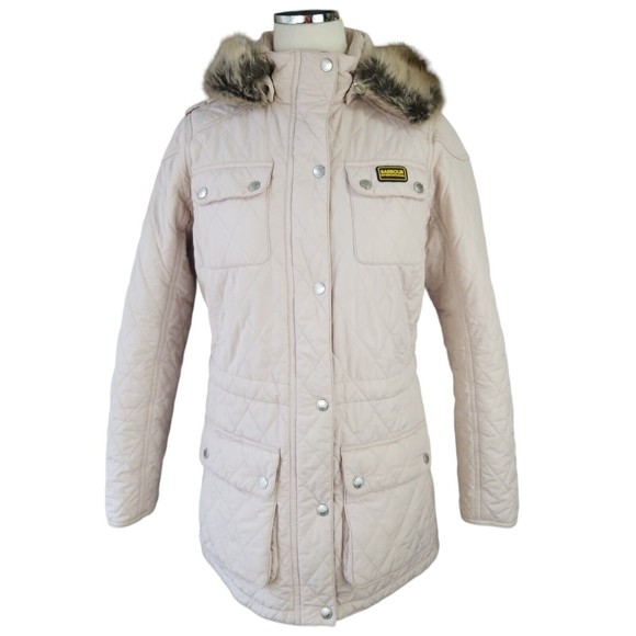 Barbour International Women's Enduro Quilted Jacket Size 10 Faux Fur Trim - Picture 1 of 16